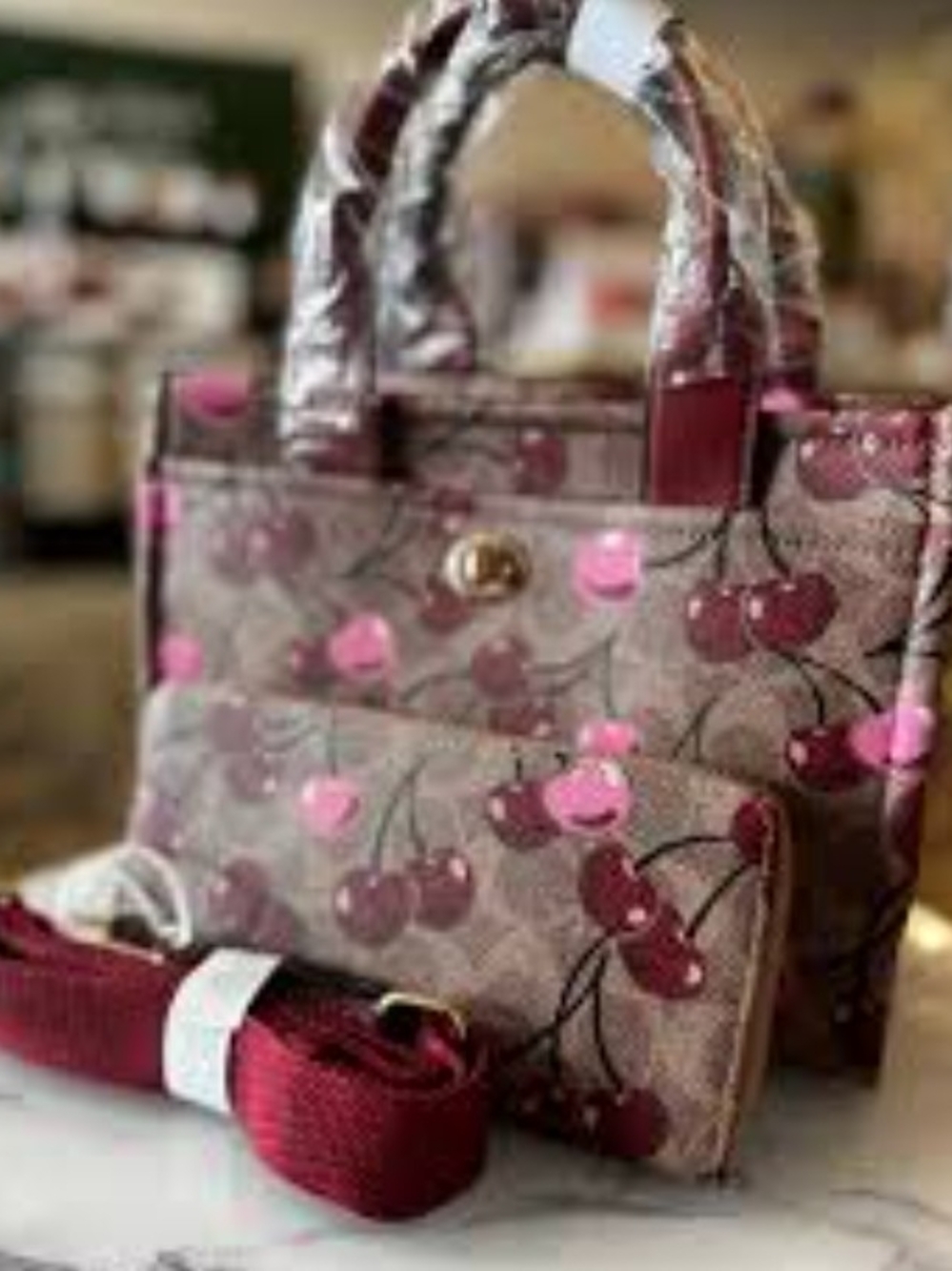 Cherry Print Brown and Pink Tote Bag with Removable Strap